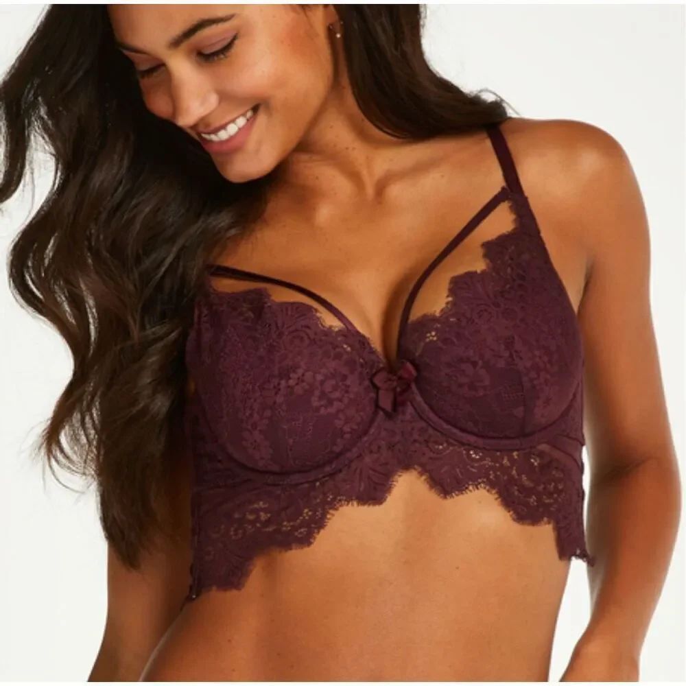 Hunkemöller Burgundy Plum Longline Lace Bra 36C Strappy Underwire